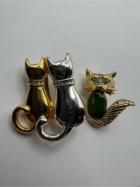 Gold and Silver Cat pendant and Green Accent Kitty Brooch